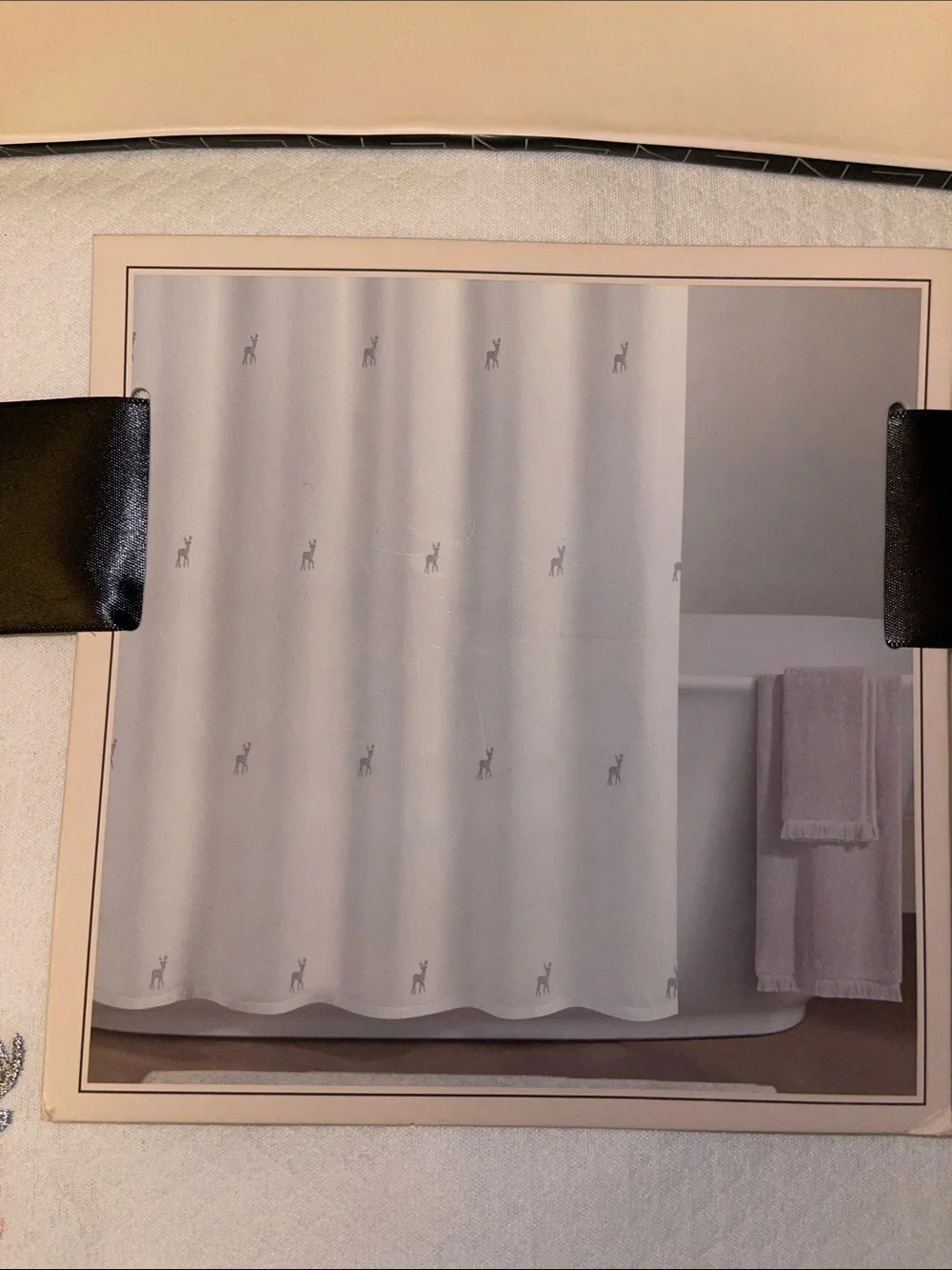 Rachel Zoe White Shower Curtain with Silver Embroidered Reindeer and Pink Bow